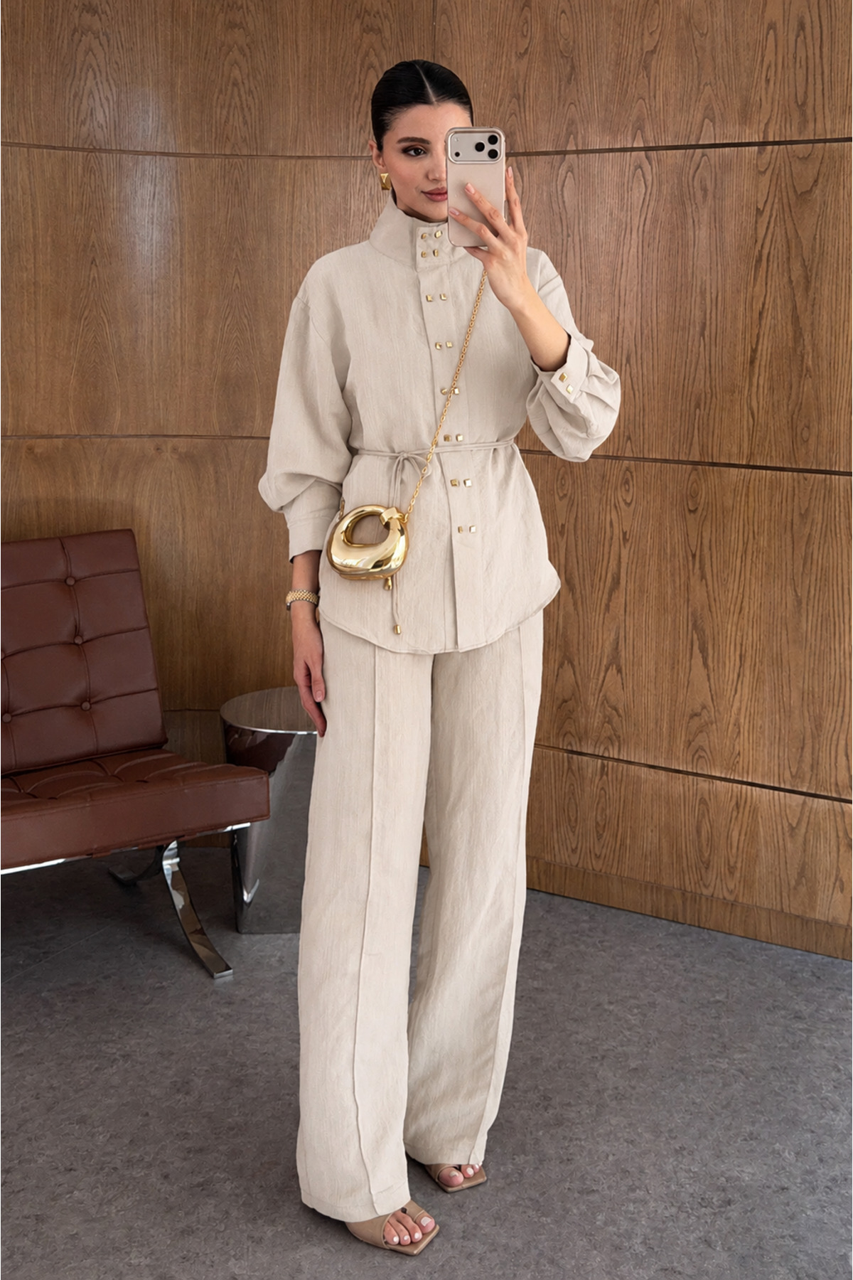 My Blog Stone Color Square Gold Buttoned Shirt and Trousers Set - 2Y51348