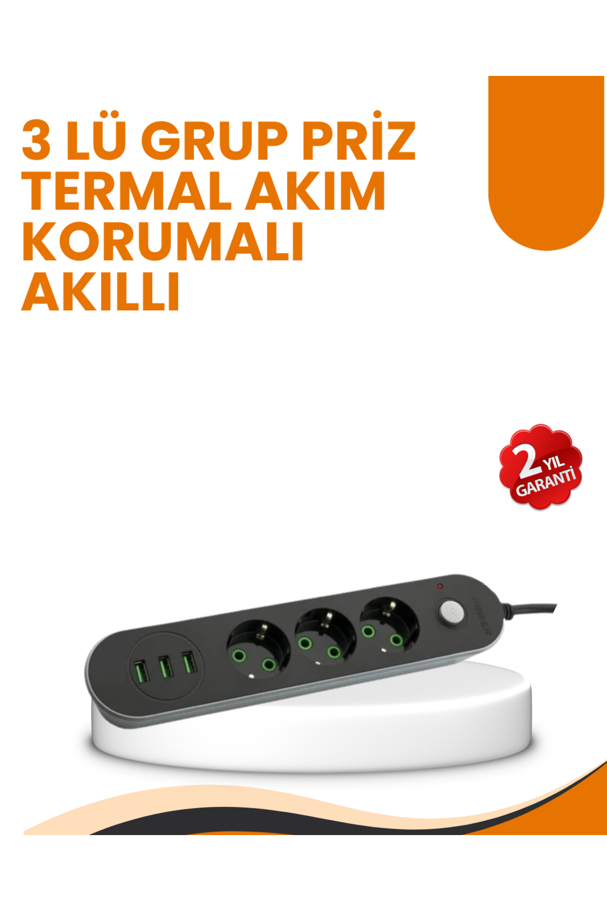 markentegra 2 Metre Kablolu 3 USB Portlu Anahtarlı Üçlü Priz
