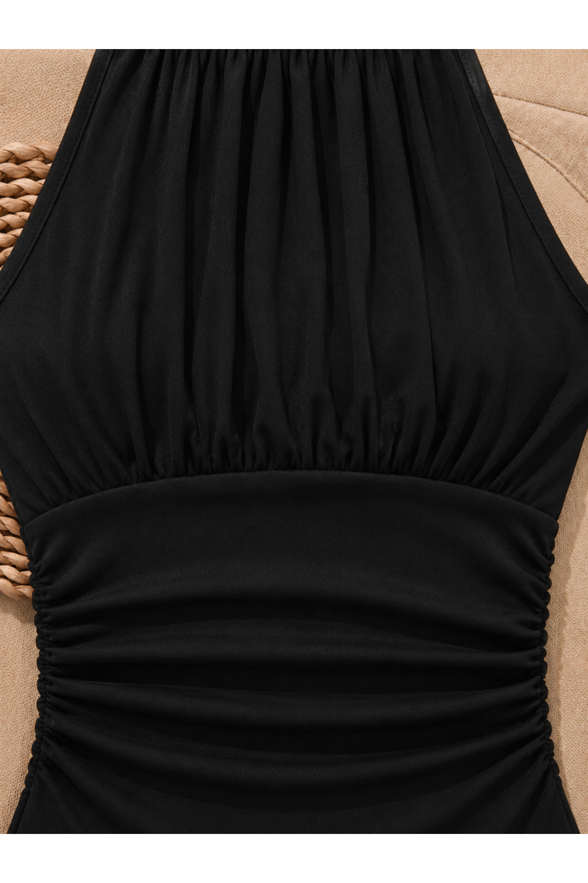 poswicon siyah Halter Yaka Büzgülü Drapeli Şık crop Bluz görsel 4