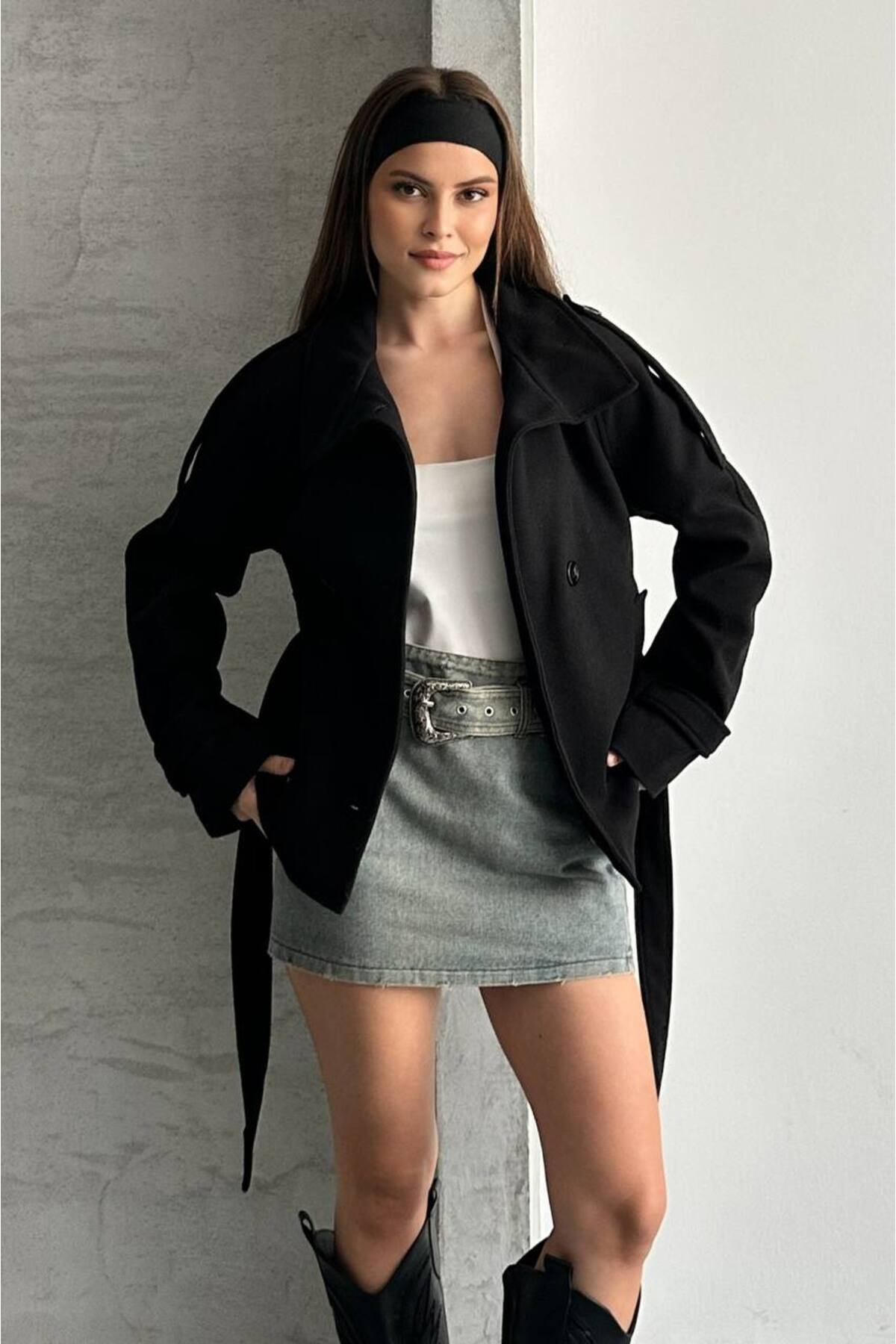 MyBella Kadın Dik Yaka Kuşaklı Kısa Astarlı Kaşe Kaban görsel 3