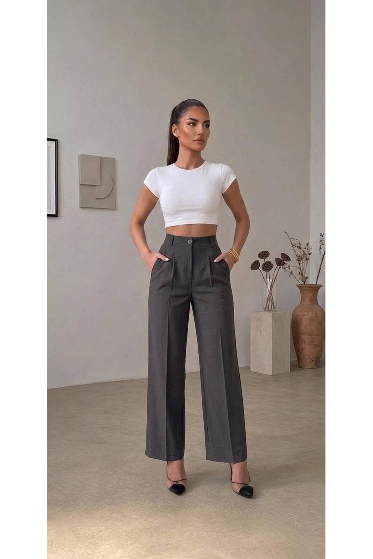 mecea prime Women's Black Lycra Button Detailed Pleated Palazzo Trousers High Waist Scuba Crepe Wide Leg Pants