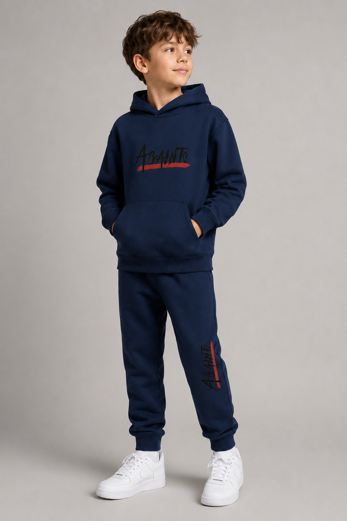 han elegant Hooded Agaınts Letter Printed 2-Thread Seasonal Unisex Children's Tracksuit Set with Kangaroo Pockets