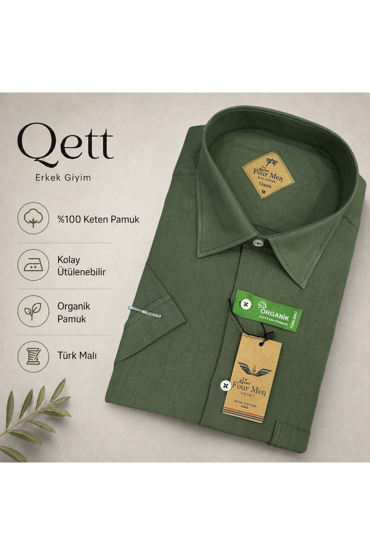 Qett Aycan Fourmen Kısa Kol Regular Kesim Düğmeli Yaka Pamuk Nefes Alabilen Keten Görünümlü Gömlek Büyük Beden görsel 2