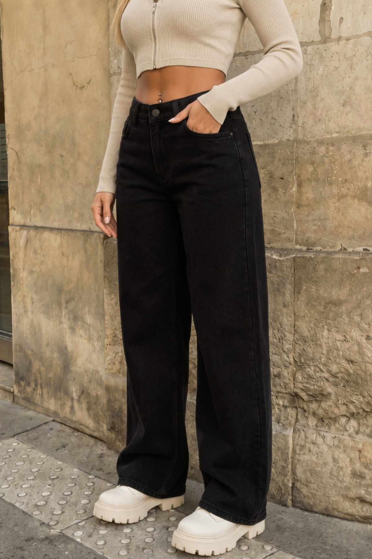 BİKELİFE Siyah Yüksek Bel Wide Leg Bol Paça Palazzo Kot Pantolon görsel 3