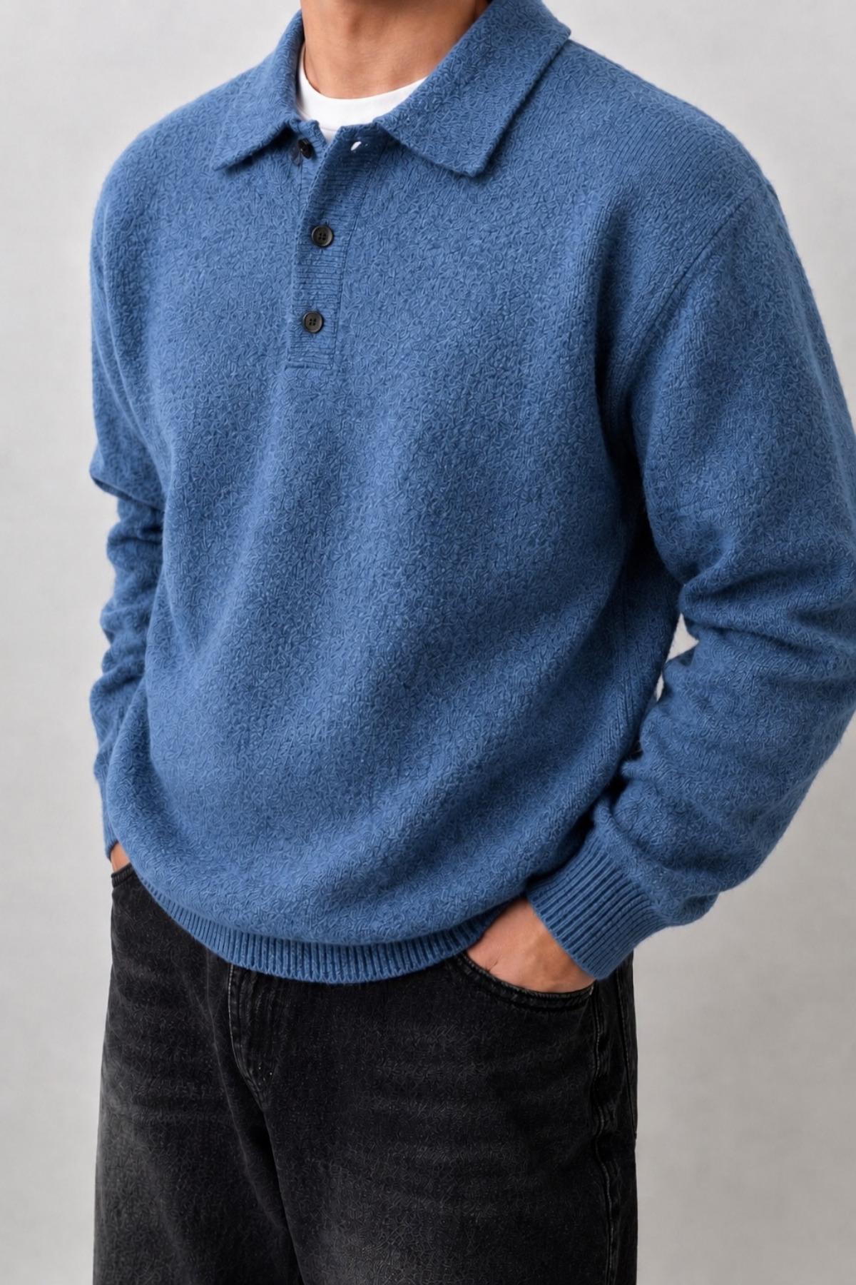 SERABLANKA Erkek Polo Yaka Oversize Triko Kazak, Rahat Kalıp görsel 2