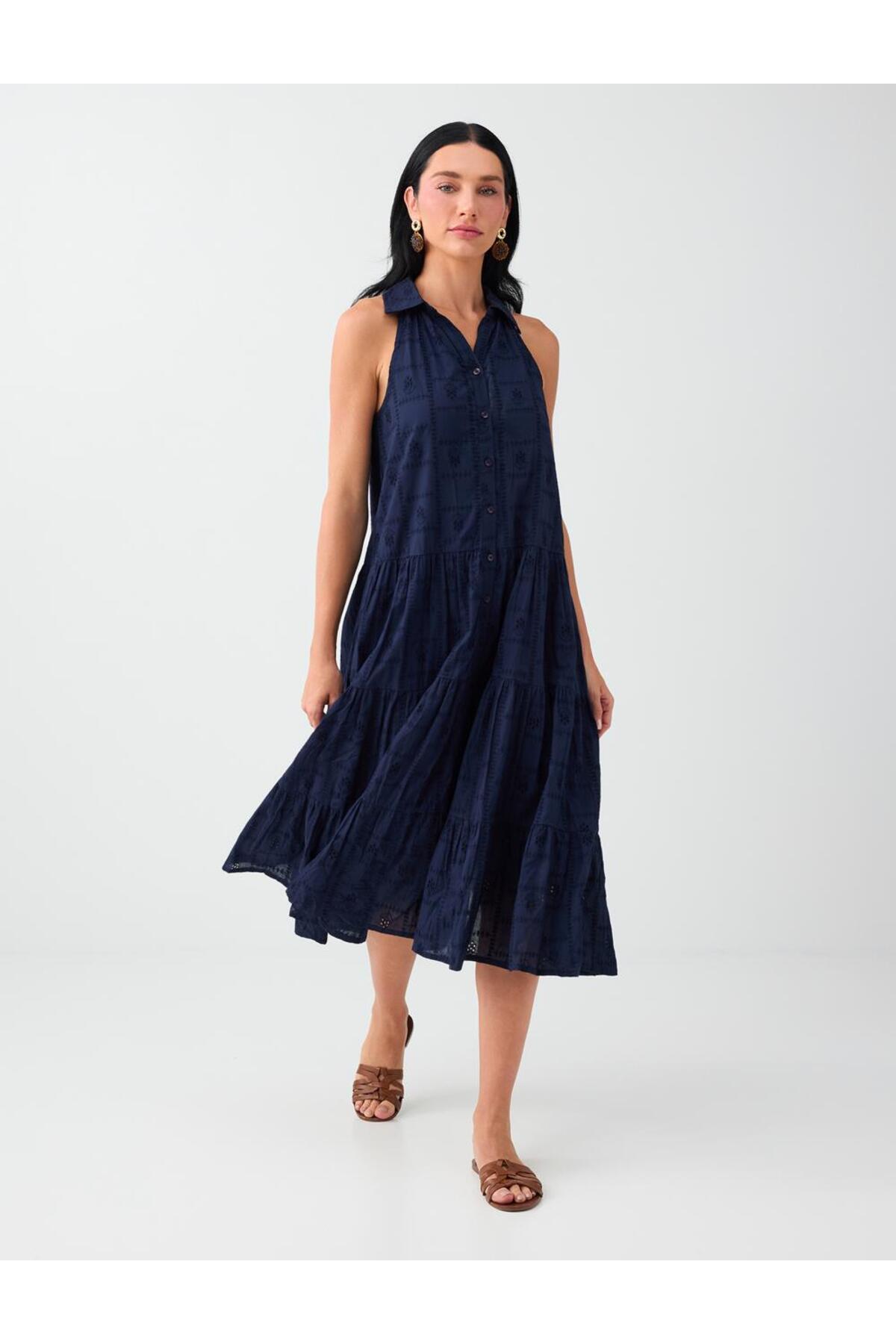 Jimmy Key Navy Blue 100% Cotton Shirt Collar Scallop Midi Dress