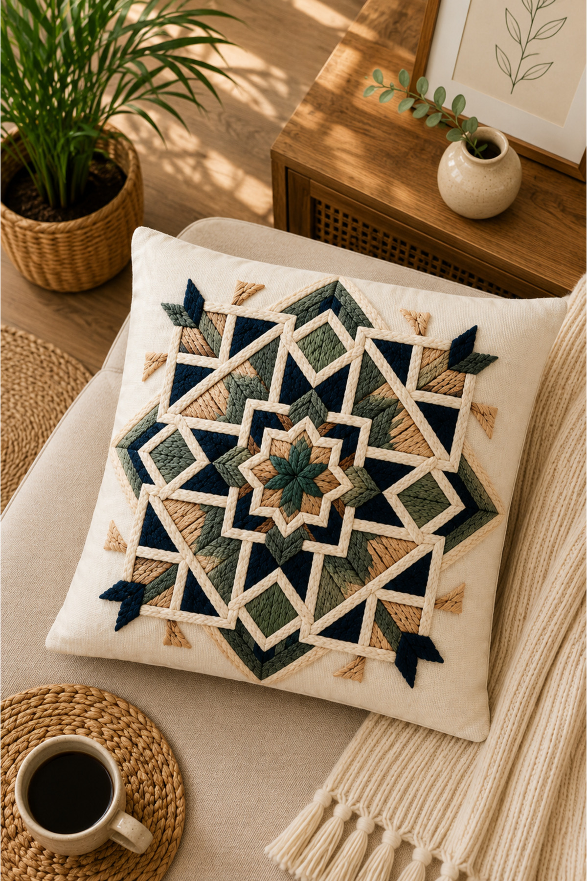 Dijital Baskılı Dekoratif Kırlent Kılıfı 43x43 cm – Modern Desenli Keten Dokulu