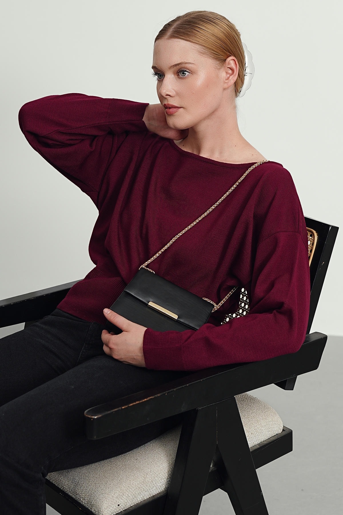 Gülce moda Kadın İnce Merserize Asimetrik Kesim Kayık Yaka Triko Kazak görsel 5