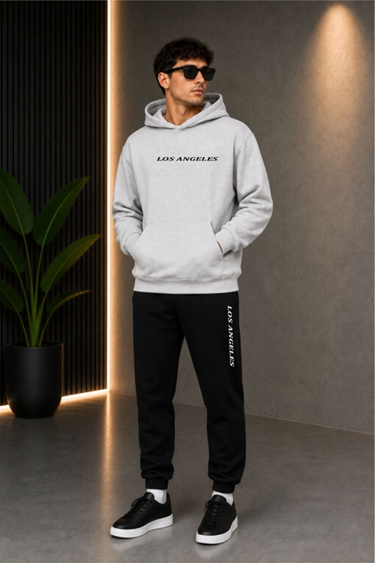 Unisex Kışlık Sweatshirt & 2 İplik Mevsimlik Eşofman Altı Takım Los Angeles Baskılı — خاکستری COMLOSK — تصویر 2 از 5