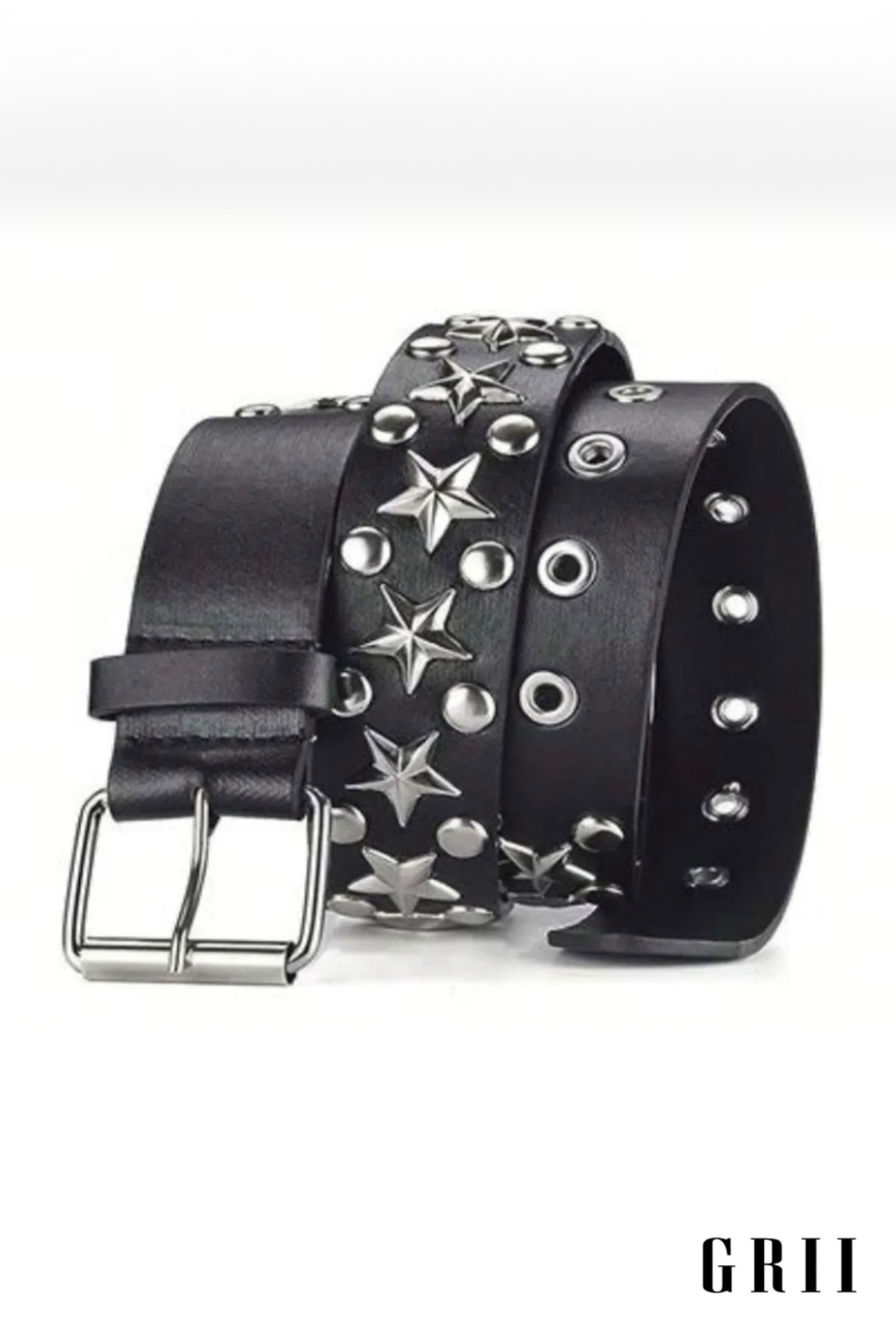 GRİİ WEAR Siyah Yıldız Detaylı Kuşgözlü Delikli Kemer Yıldızlı Zımbalı Unisex Kemer