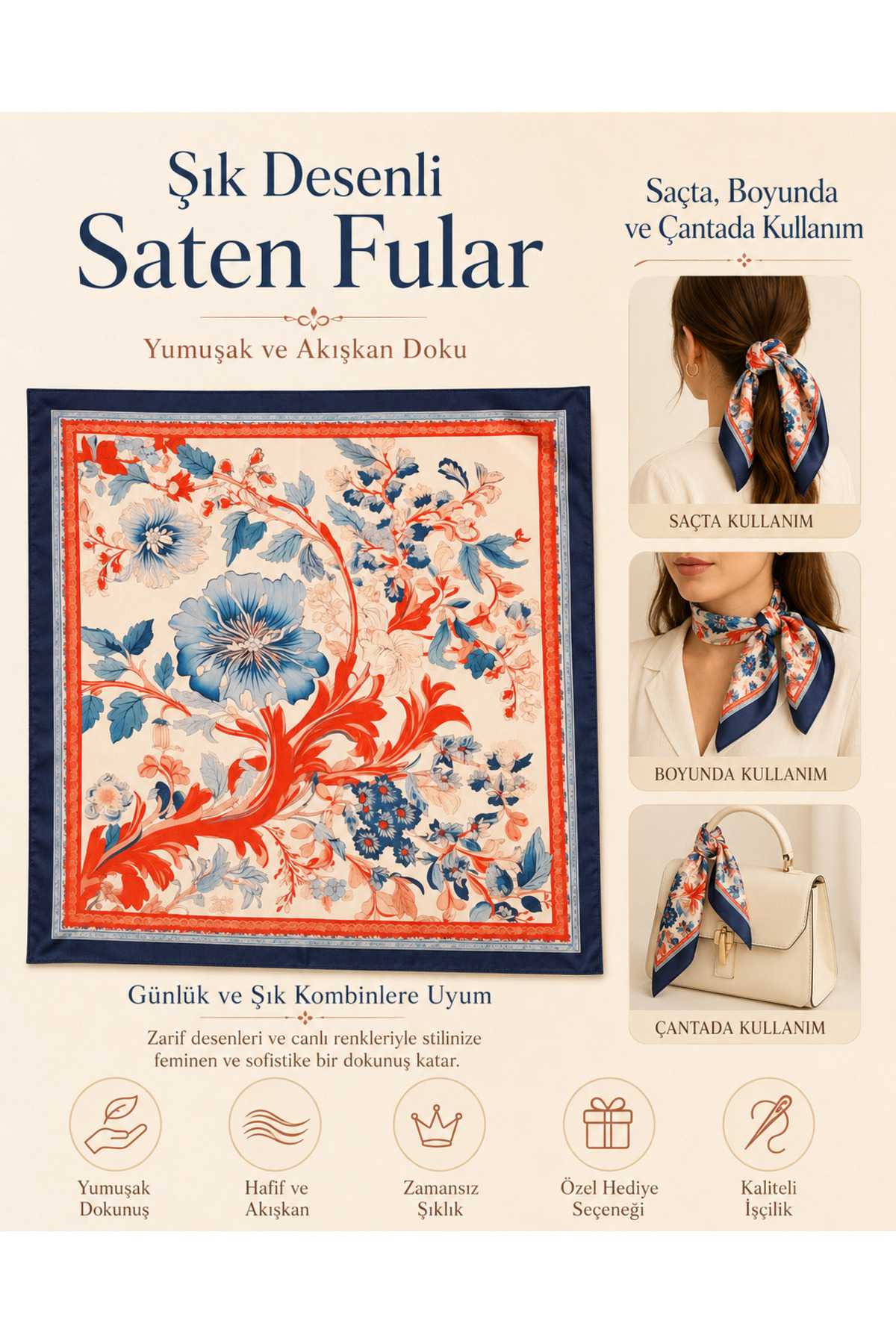 OUS Kadın Mercan Çiçek Desenli 50x50 cm Saten Fular, Lacivert Kenarlı İpeksi Dokulu Kare Boyun Saç ve Çanta Aksesuarı görsel 4