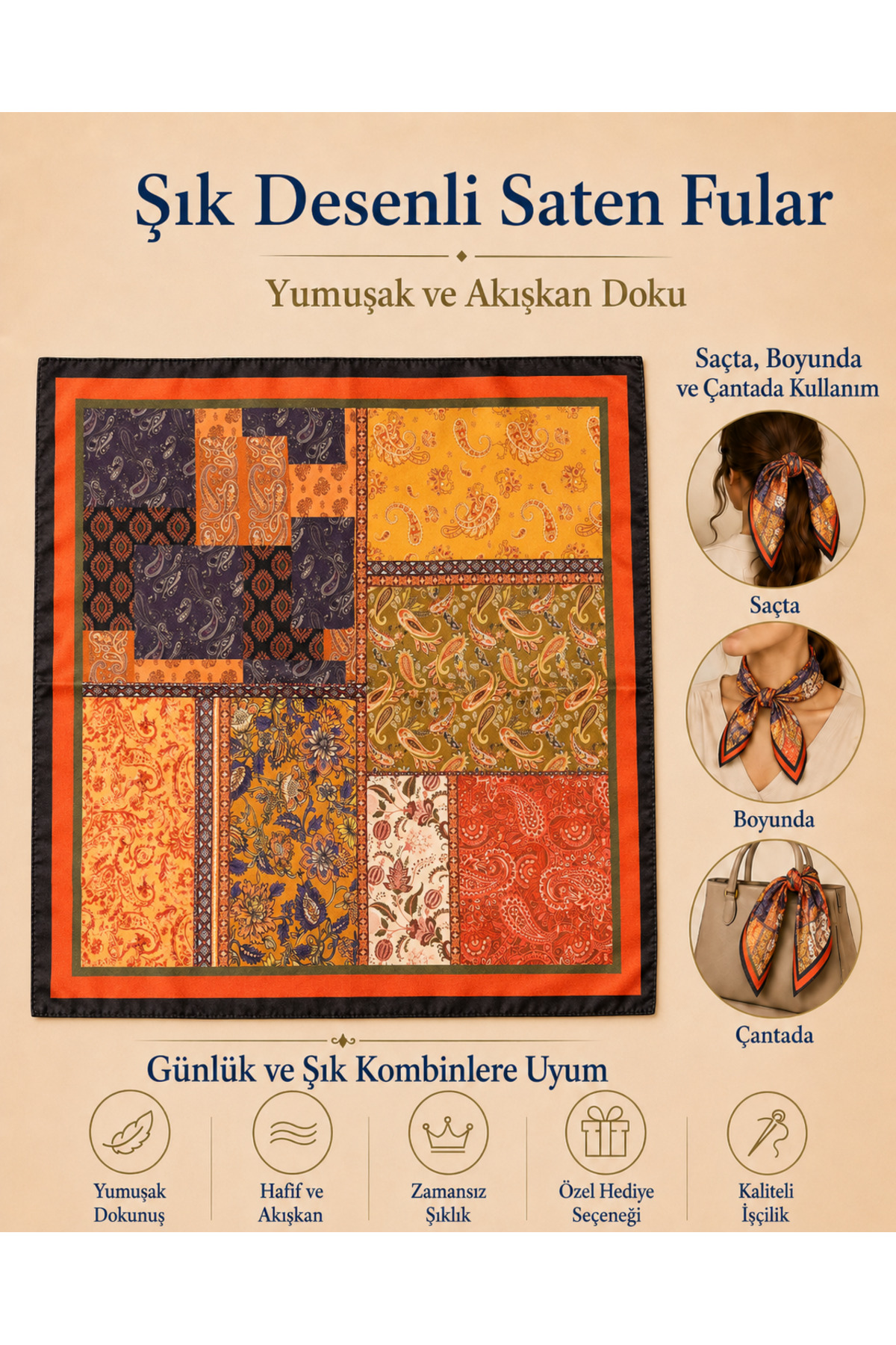 OUS Kadın Patchwork Paisley Desenli 50x50 cm Saten Fular, Siyah Kenarlı İpeksi Dokulu Kare Boyun Saç ve Çanta Aksesuarı görsel 4