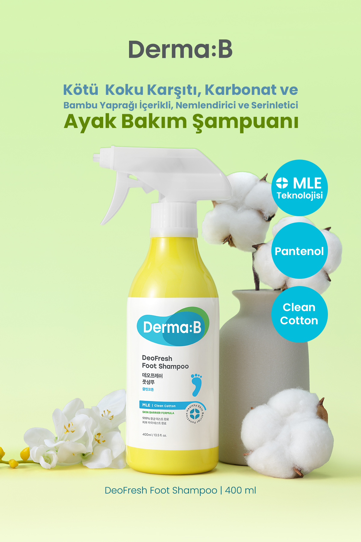 Derma B Kötü Koku Karşıtı, Nemlendirici ve Serinletici Ayak Şampuanı DERMA:B DeoFresh Foot Shampoo (Cotton) — 8809723785810