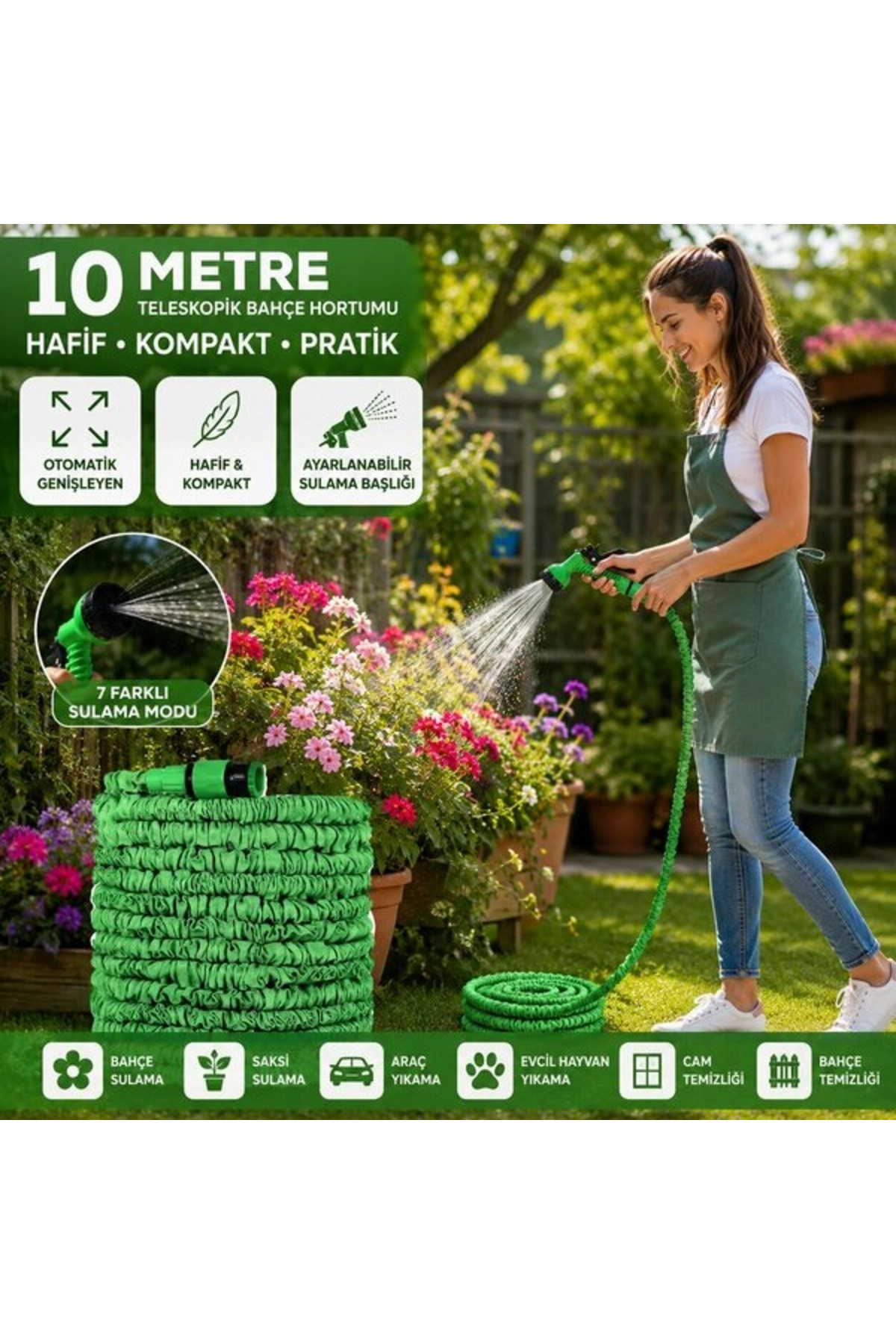 Eco Lounge 10 Mt Teleskopik Uzayan Bahçe Hortumu 7 Fonksiyon Ayarlı Tetikli Tabanca Bx40