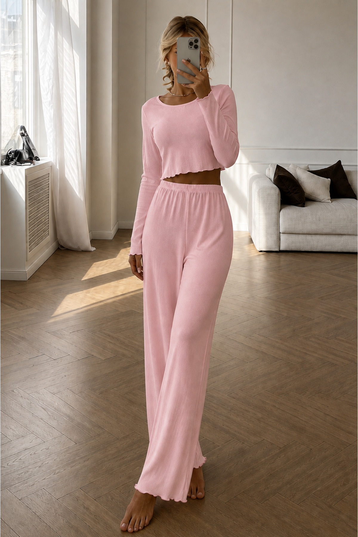 ÖZ PAMUK Kadın Uzun Kollu Fırfır Detaylı Crop Bluz ve Bol Paça Yumuşak Dokulu Rahat Günlük Pijama Takım görsel 4