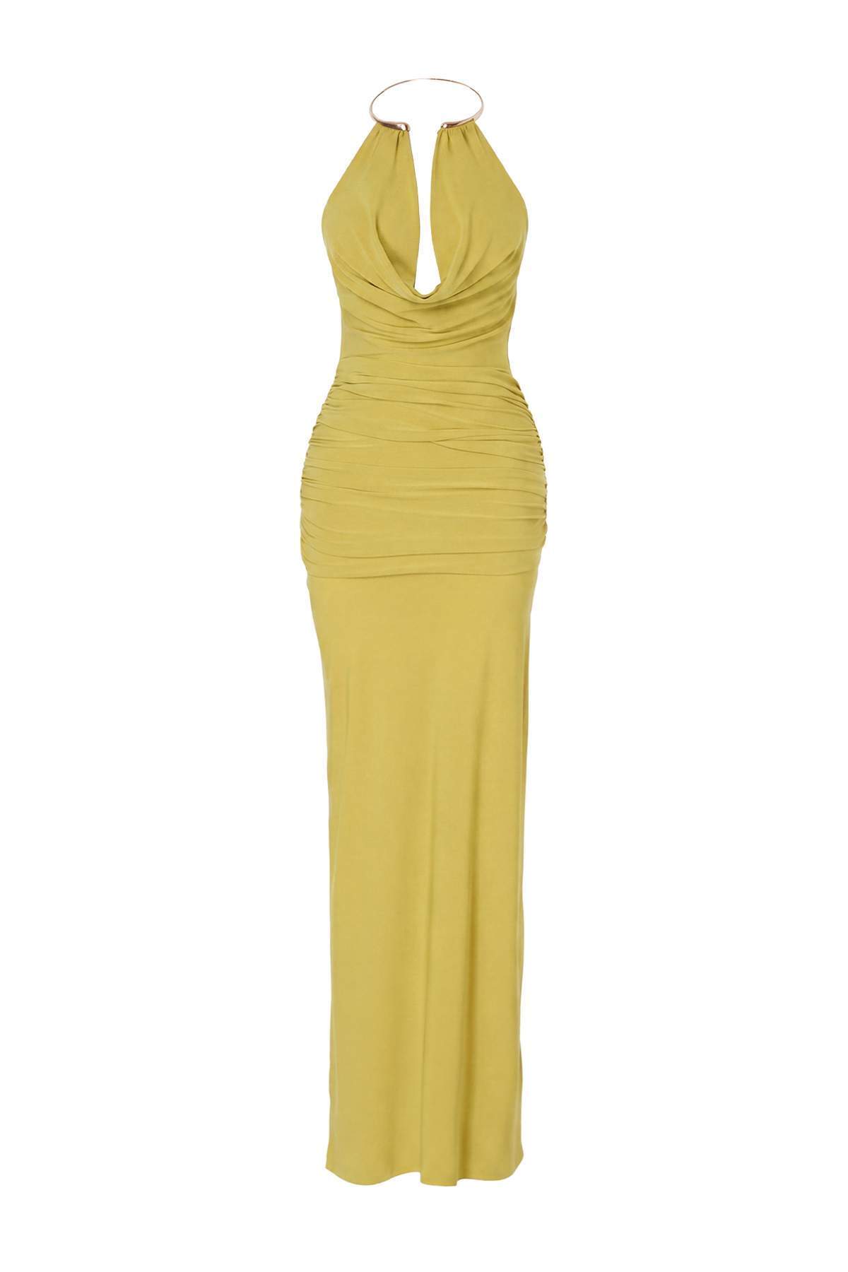 Trendyol Kollektion Ölgrünes, schulterfreies, gerades Maxi-Strick-Abendkleid ...