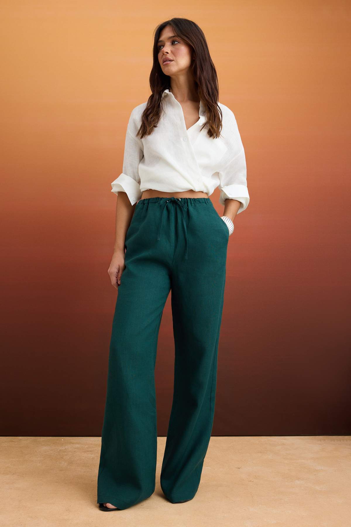 Trendyolmilla Petrol %100 Keten Beli Lastikli Normal Bel Wide Leg Pantolon TWOSS26PL00048