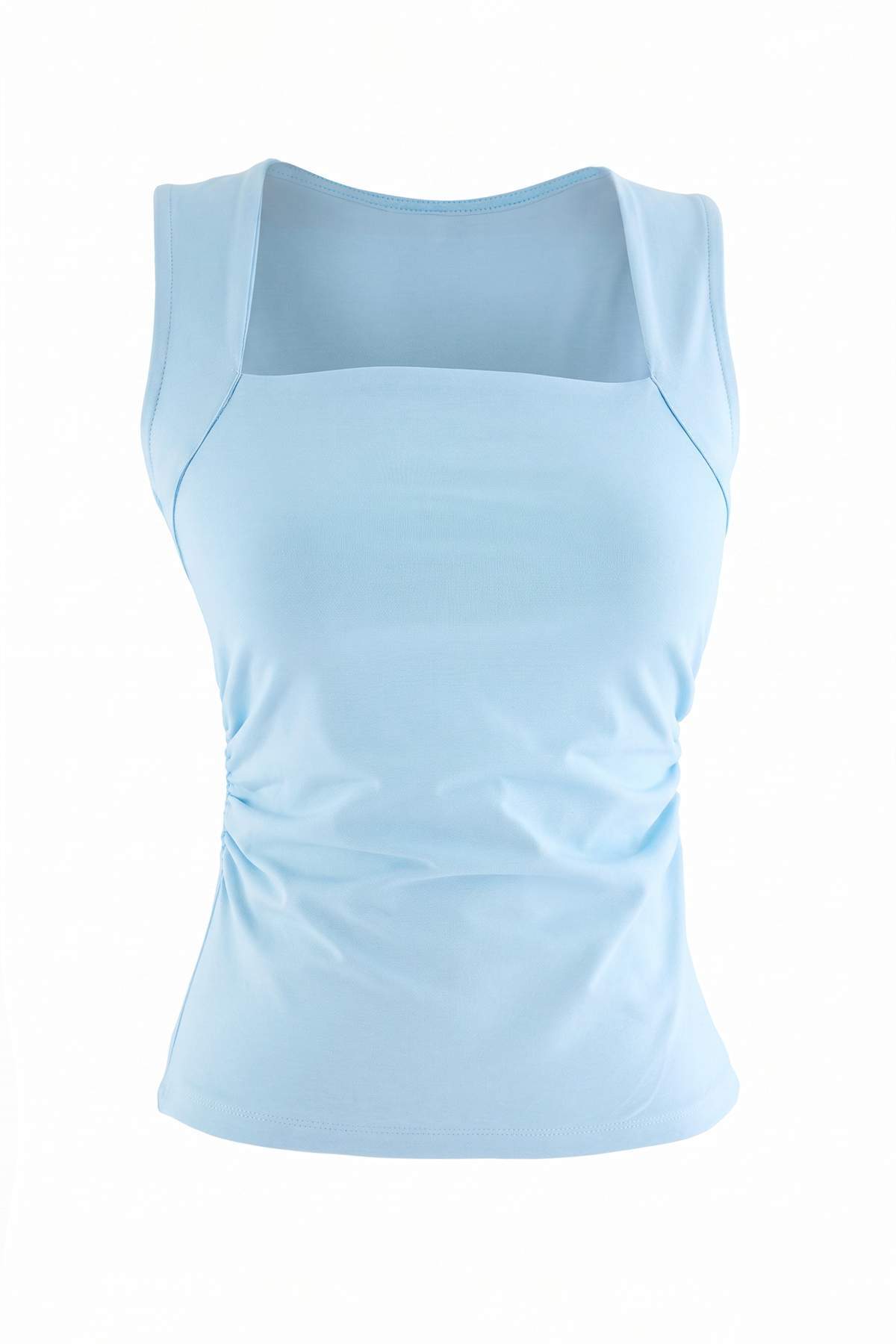 Trendyolmilla Açık Mavi Düz Kare Yaka Askılı Büzgülü Fitted/Vücuda Oturan Esnek Örme Bluz TWOSS24BZ00400