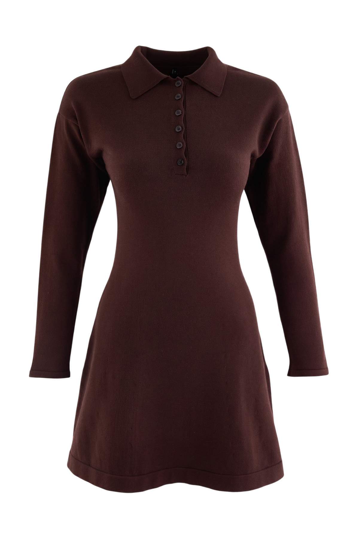 Trendyolmilla Kahverengi Polo Yaka Skater Triko Elbise TWOAW27EL00005