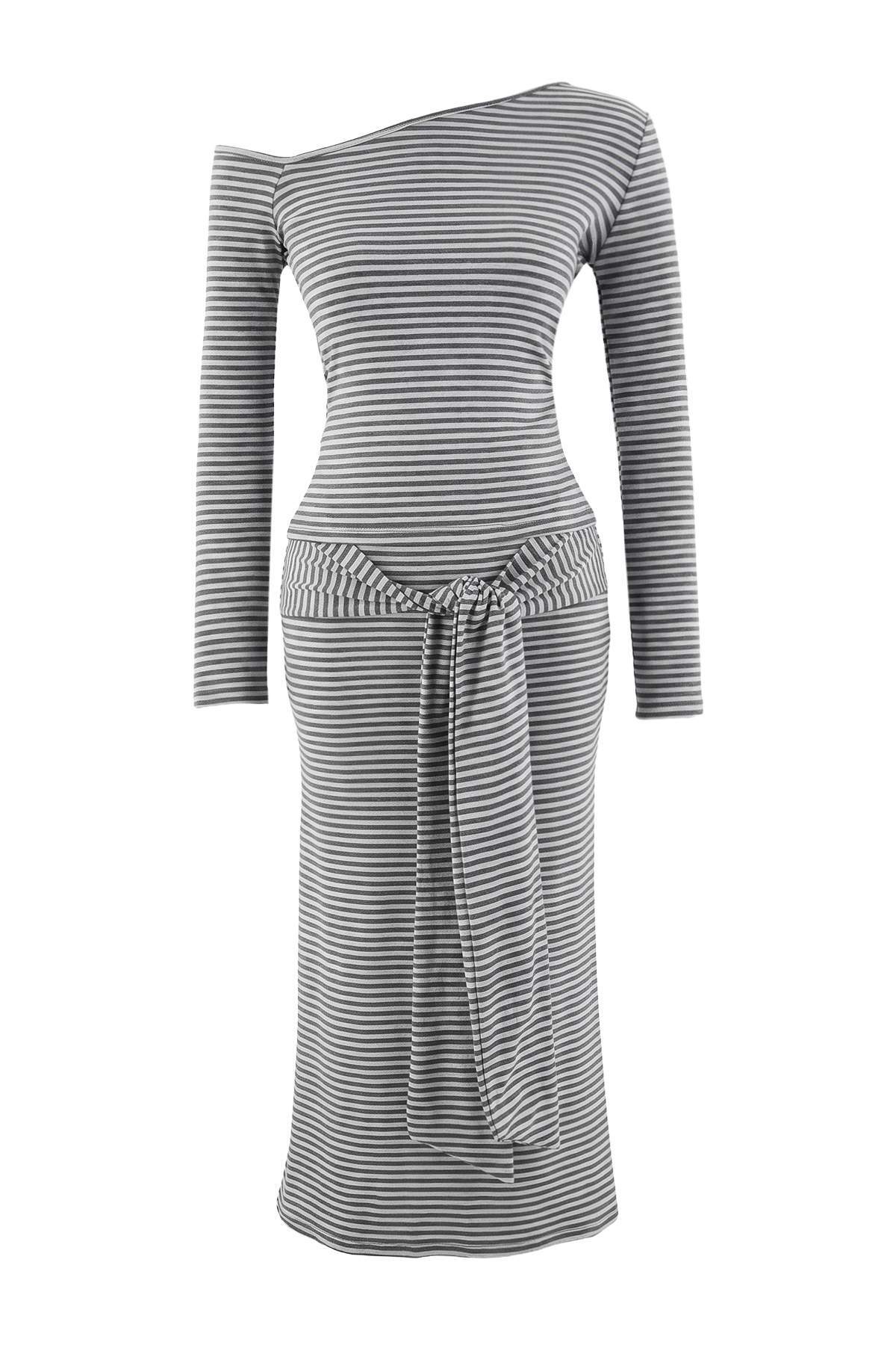 Trendyolmilla Çok Renkli Çizgili Fitted/Vücuda Oturan Asimetrik Yaka Yumuşak Örme Alt - Üst Takım TWOAW27AU00074