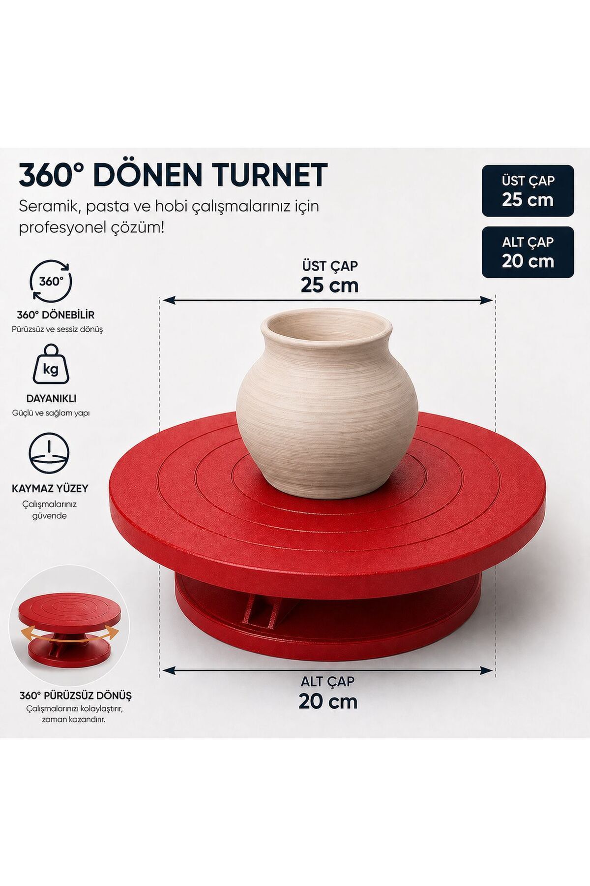 Artzone Turnet 25cm Kırmızı - Masaüstü Turnet - 1 Kg Kil ve Detay
