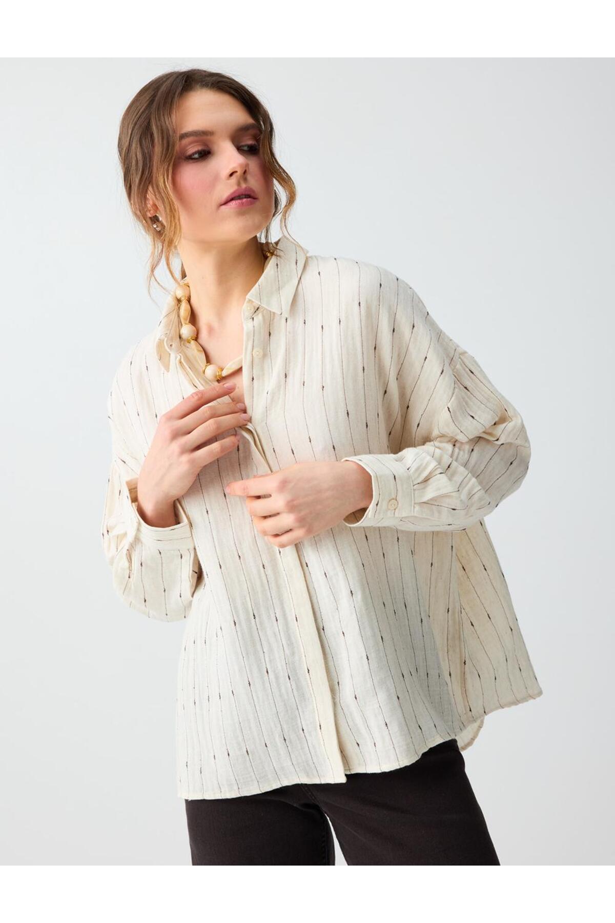 Jimmy Key Ecru Linen Blend Relaxed Fit Striped Woven Shirt