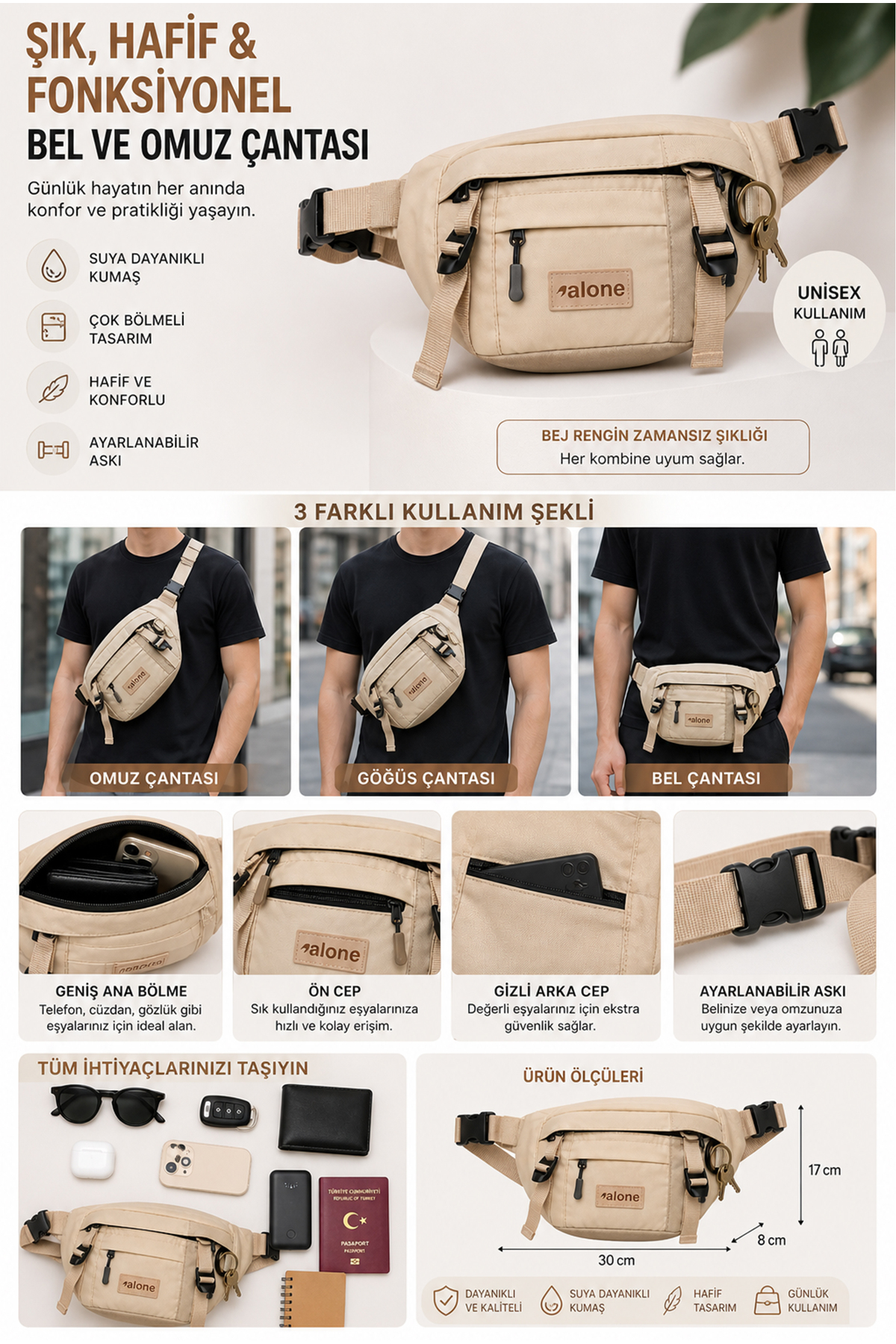Alone AUnisex Bej Bel Çantası, Suya Day Fonksiyonel Body Bag, Ayarlanabilir Omuz & Göğüs Çantası 6060 görsel 6