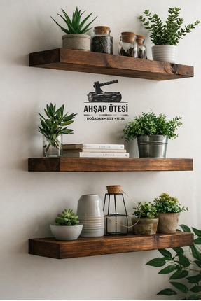 AHŞAP ÖTESİ 3’lü Doğal Ahşap Duvar Rafı 50x14 & 70x14 cm Gizli Askı Sistemli ...