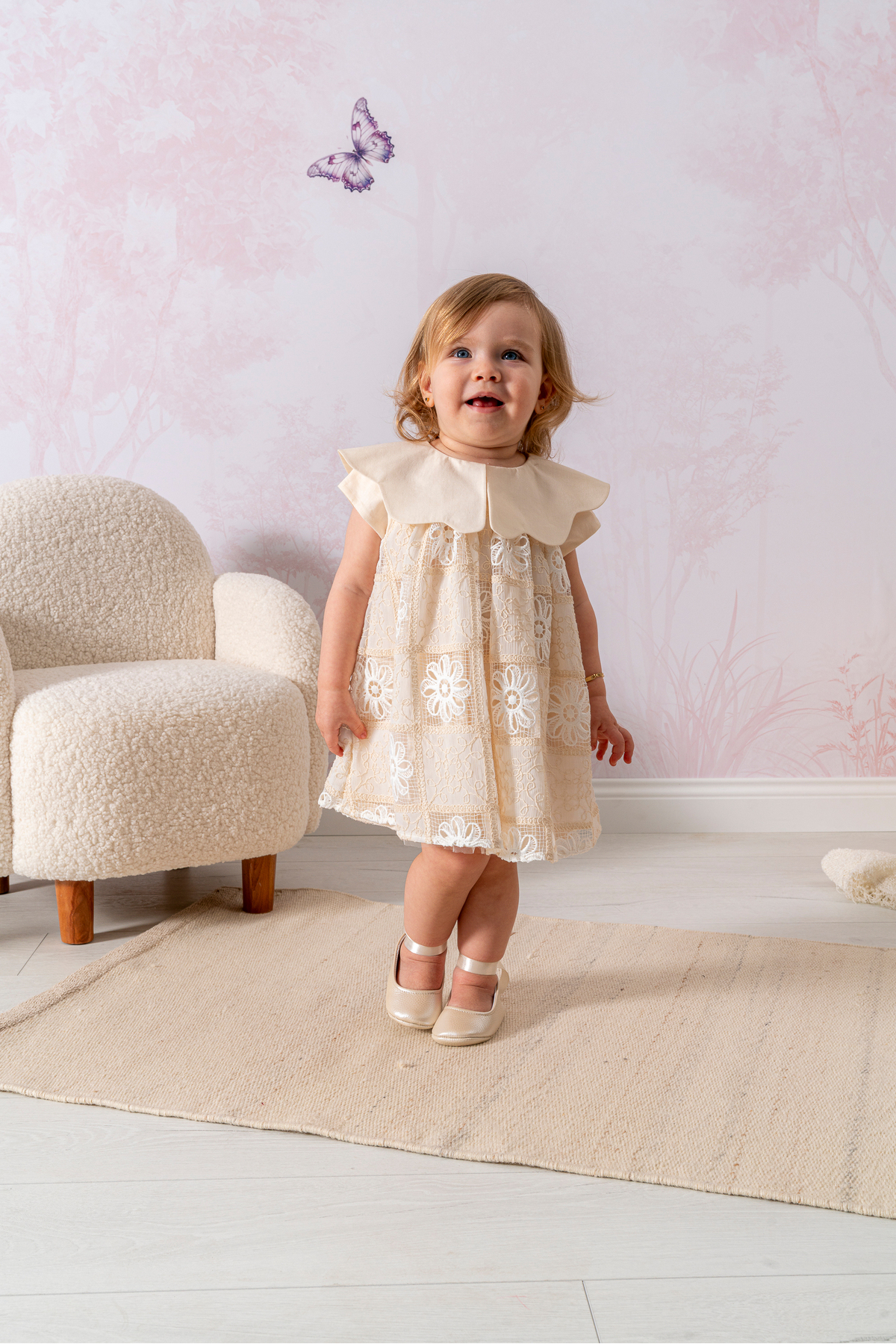 NoyNoy Baby Bebikim Baby Girl Cream Daisy Embroidered Lace Detailed Dress and Bandana Set