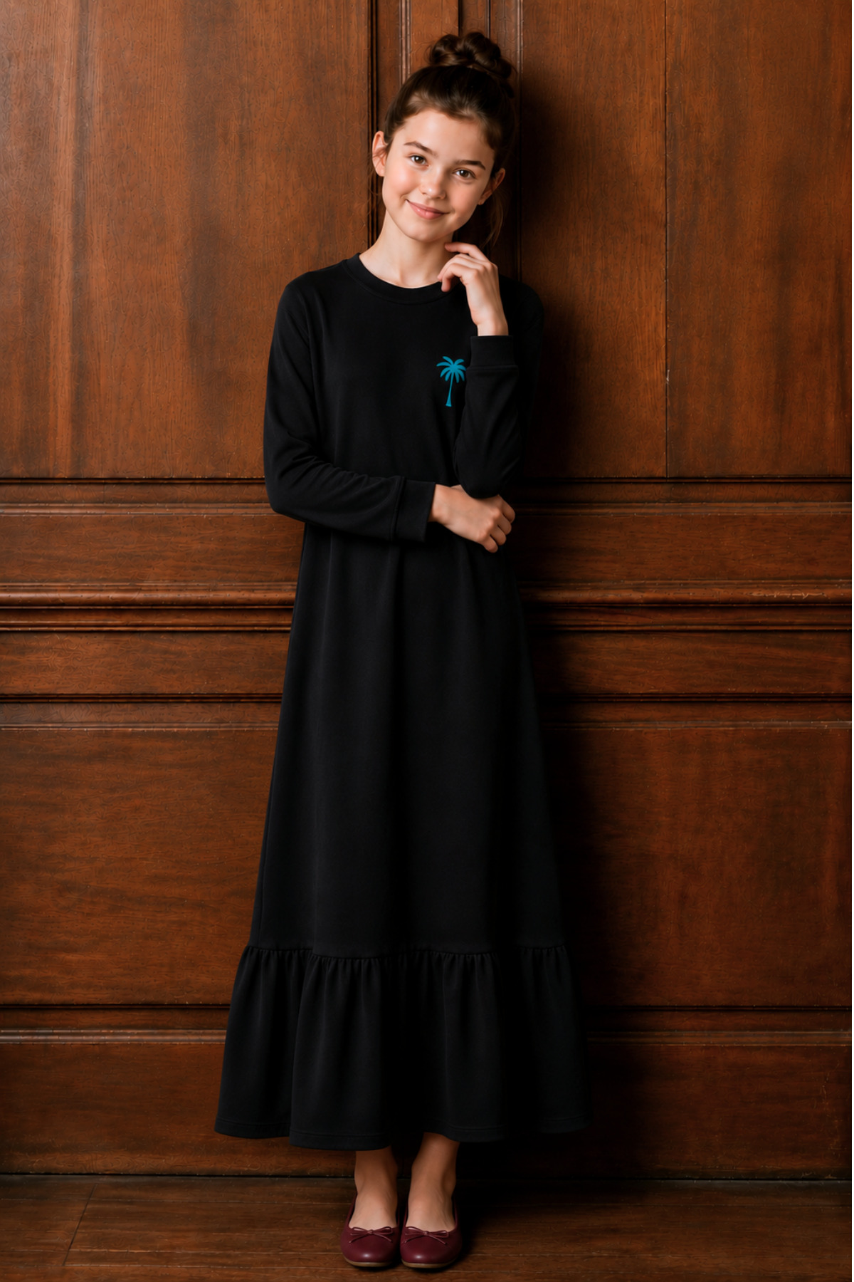 Girls Black Long Sleeve Maxi Hijab Combed Cotton Dress