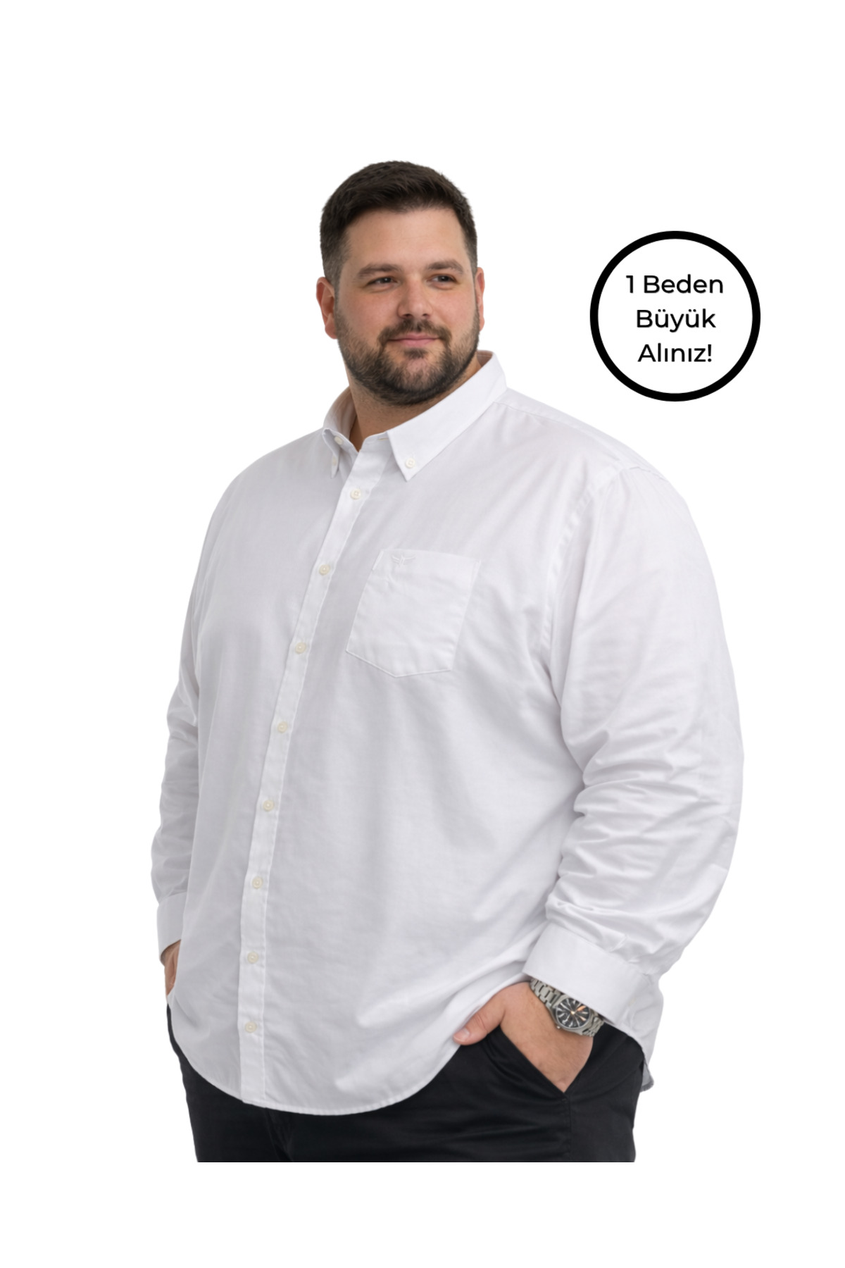 BattalModa Erkek Büyük Beden Beyaz Uzun Kollu Gömlek 3XL-4XL-5XL-6XL-7XL-8XL görsel 2