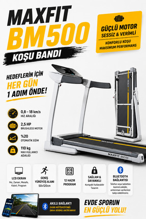 MAXFIT BM500 Otomatik Eğimli Koşu Bandı 2,5 HP Brushless Motor Bluetooth Dest...