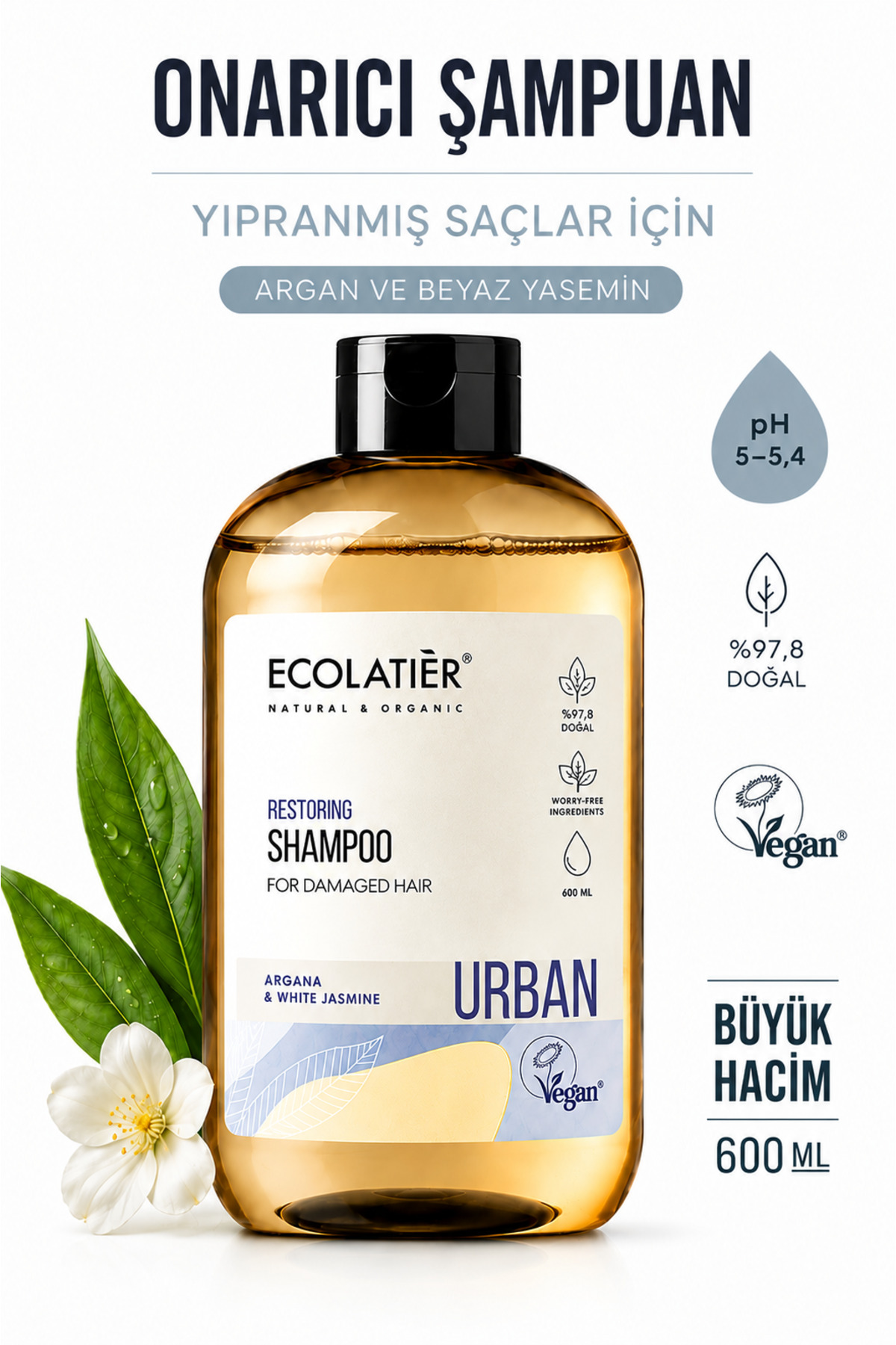 ECOLATIER Yıpranmış Saçlar İçin Argan Yağı ve Yasemin Özlü Onarıcı Şampuan 600 ml — 8606032060658