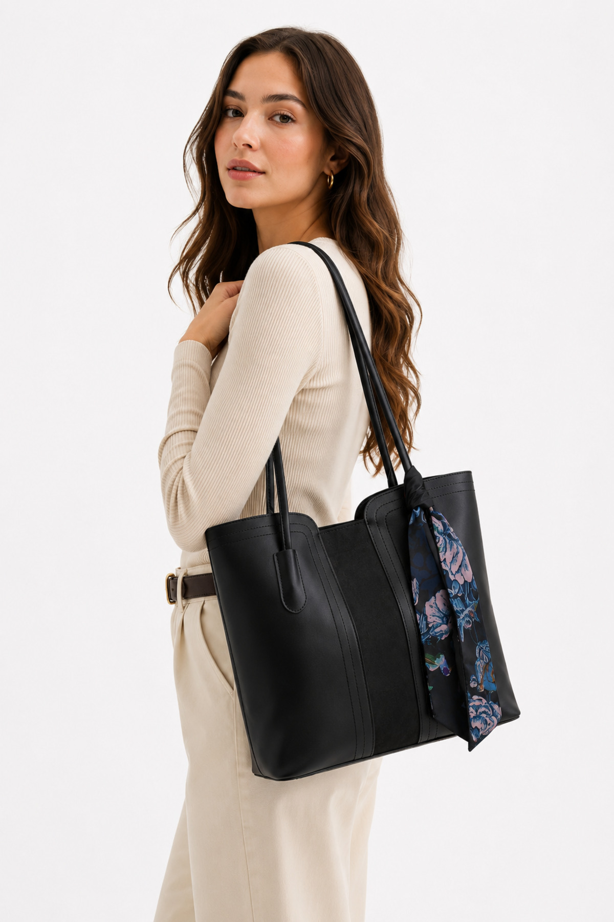 Women's Black Oversized Scarf Detailed Handy Hand, Sleeve and Shoulder Bag with Puppy