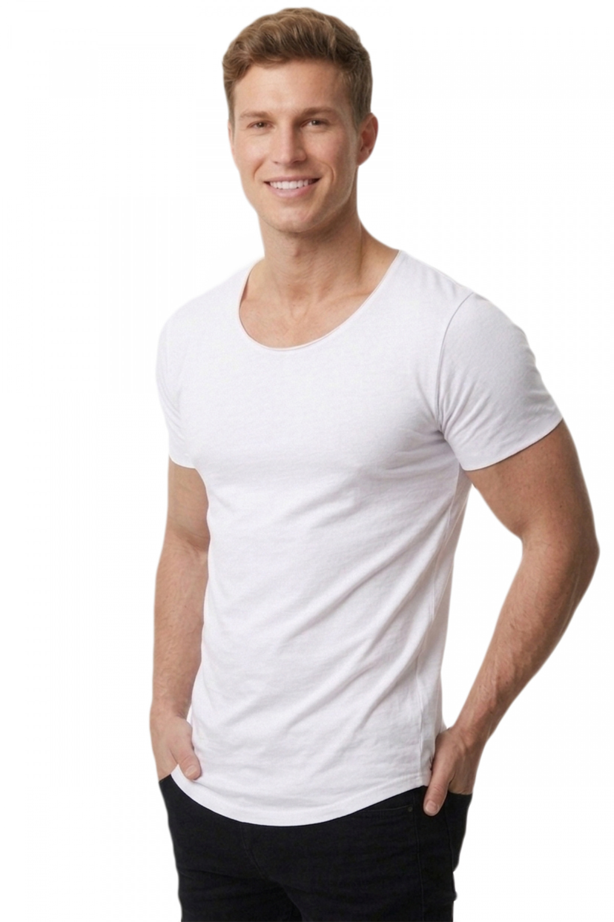 DeepSEA Erkek Beyaz Slim Fit %90 Pamuk Açık Yaka Oval Kesim Likralı Basic Tişört 1801199 görsel 4