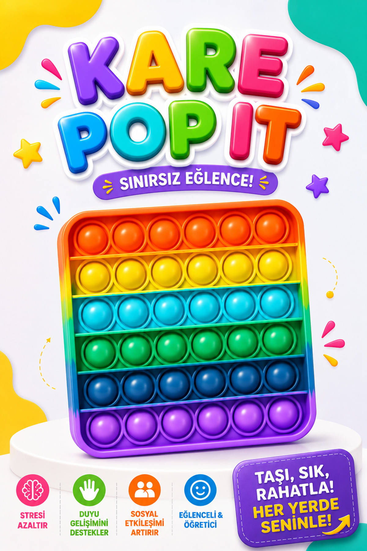 Pop It Push Popit Bubble Fidget Custom Pop Sensory Toy Mental Stress ( Rainbow Color, Square )