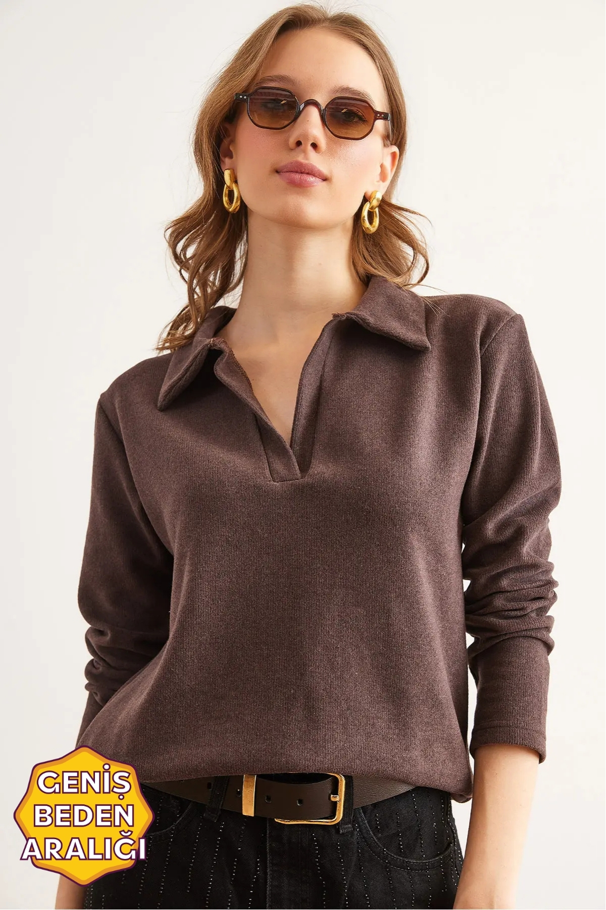 Olalook Kadın Acı Kahve Polo Yaka Selanik Bluz BLZ-19002810