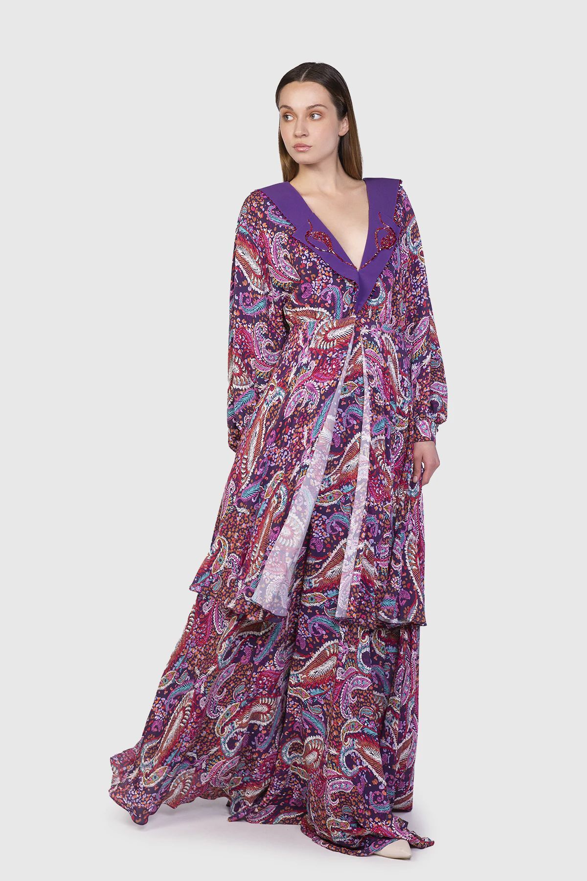 Shirred Long Patterned Dress with Embroidery Detail