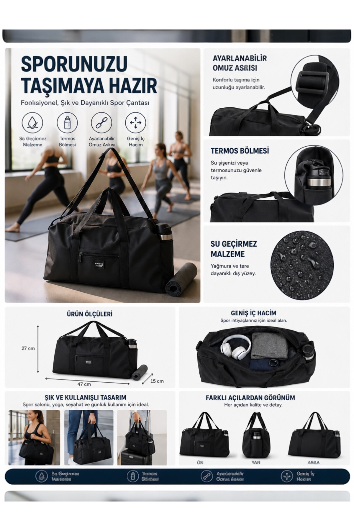KAFFAA Unisex Uzun Askılı Termos Bölmeli Kadın Ve Erkek Kullanabilir Seyahat Fitness Ve Spor Çantası görsel 5