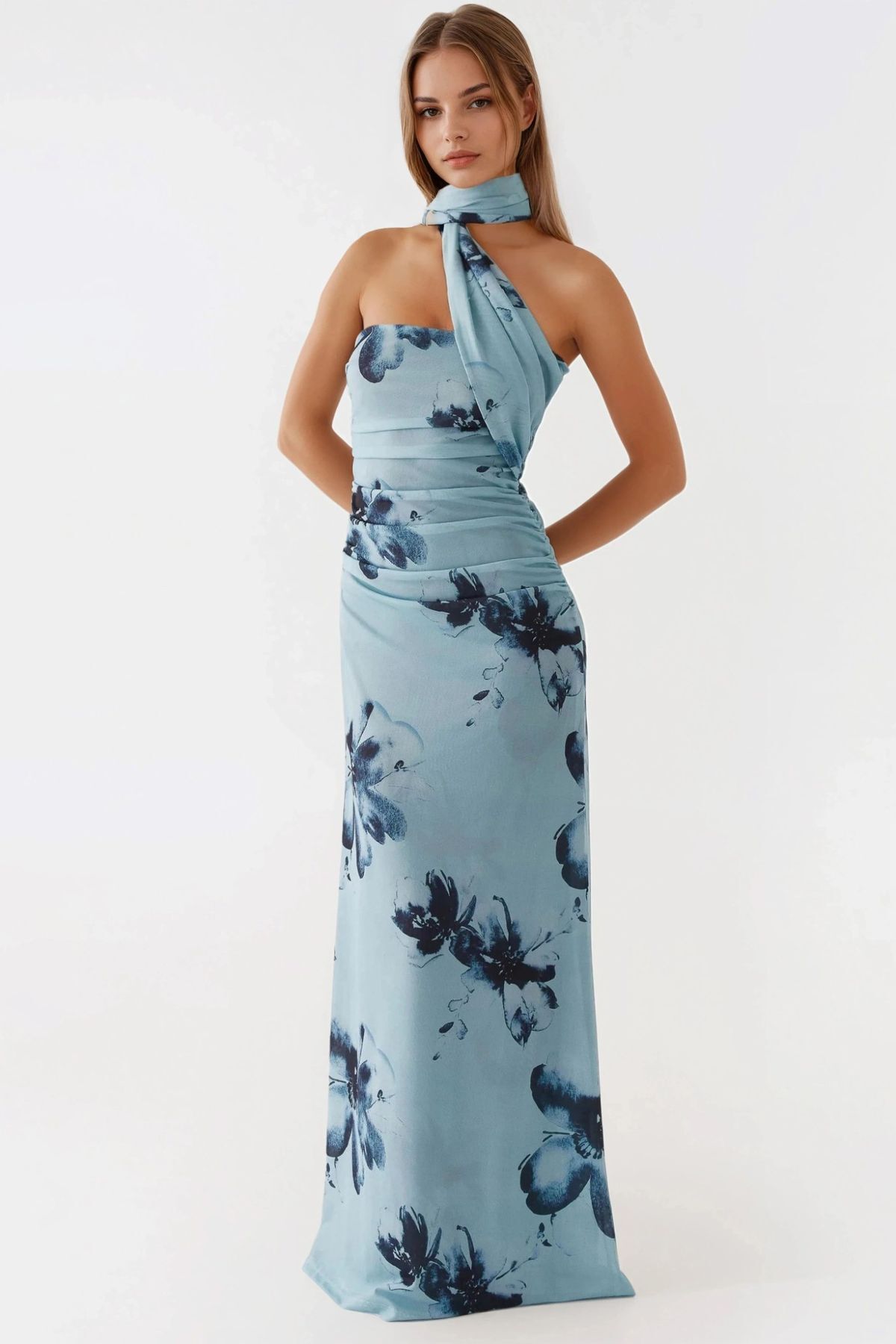 Hiccup Straplez Desenli Bodycon Maxi Tül Elbise görsel 7