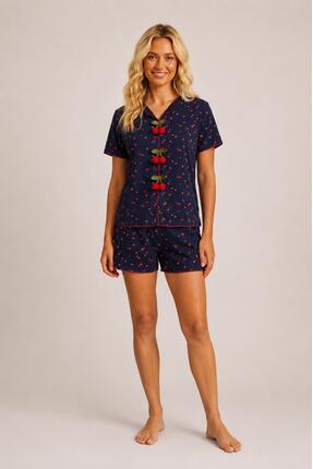 GAMDELLE MODA Kadın Ponpon Detaylı Kiraz Desenli Pijama Takımı