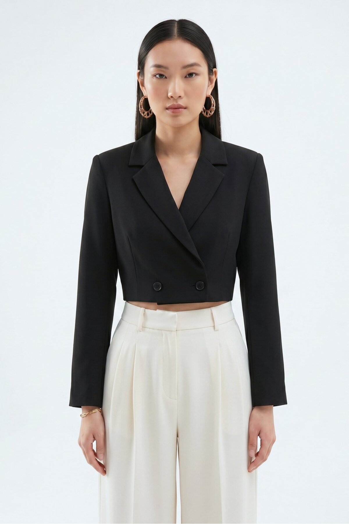 Kadın Regular Fit Kruvaze Kapama Dokuma Crop Blazer Ceket -Şık & Spor