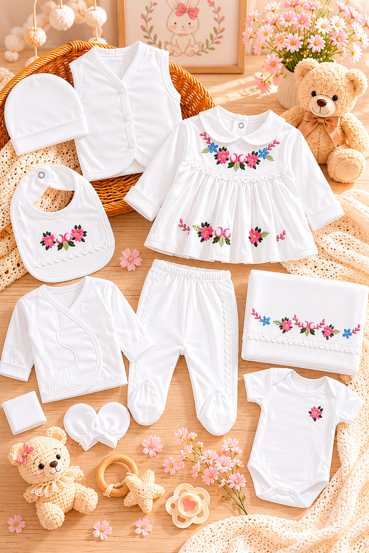 NEWBORN BABY GIRL HOSPITAL DISCHARGE WITH EMBROIDERY IN 10 PIECES/100% COTTON NEWBORN HOSPITAL DISCHARGE IN 10 PIECES
