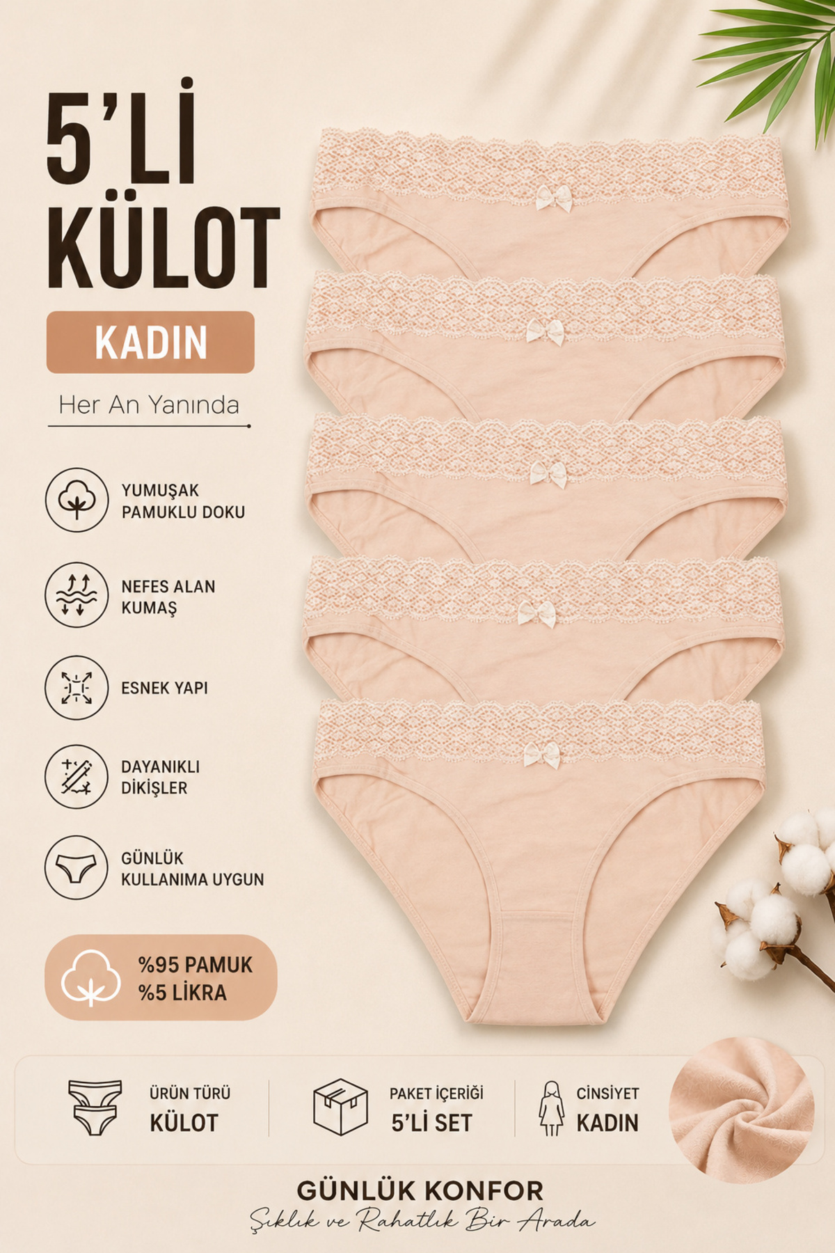 Women's Briefs 5-Pack Lycra Cotton Wide Lace Elastic