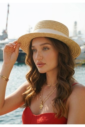 LAGRANZE Trend Yazlık Hasır Şapka Kadın – Boater Stil Siyah Kurdeleli