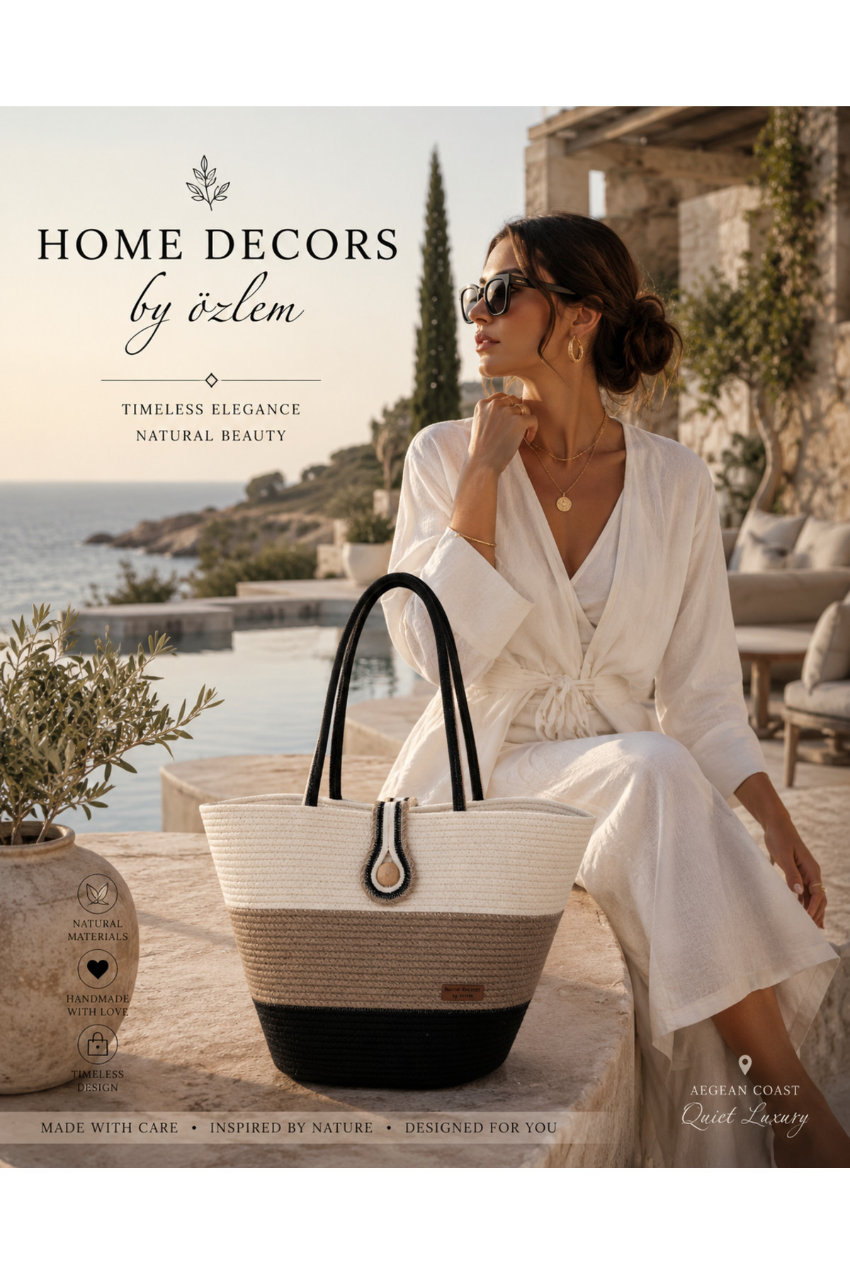 Wicker Bag Shoulder Bag Beach Bag Handmade Design Style Summer Fashion (Wicker Black White) - 30cmx40/42cm