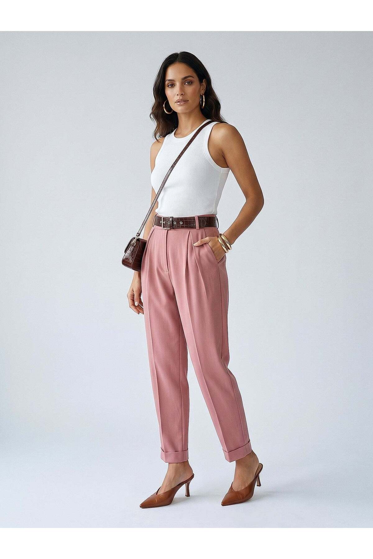 Women's Pink High Waist Trousers – Refine Fit | Flexible Weave | City Elegance | Four Seasons