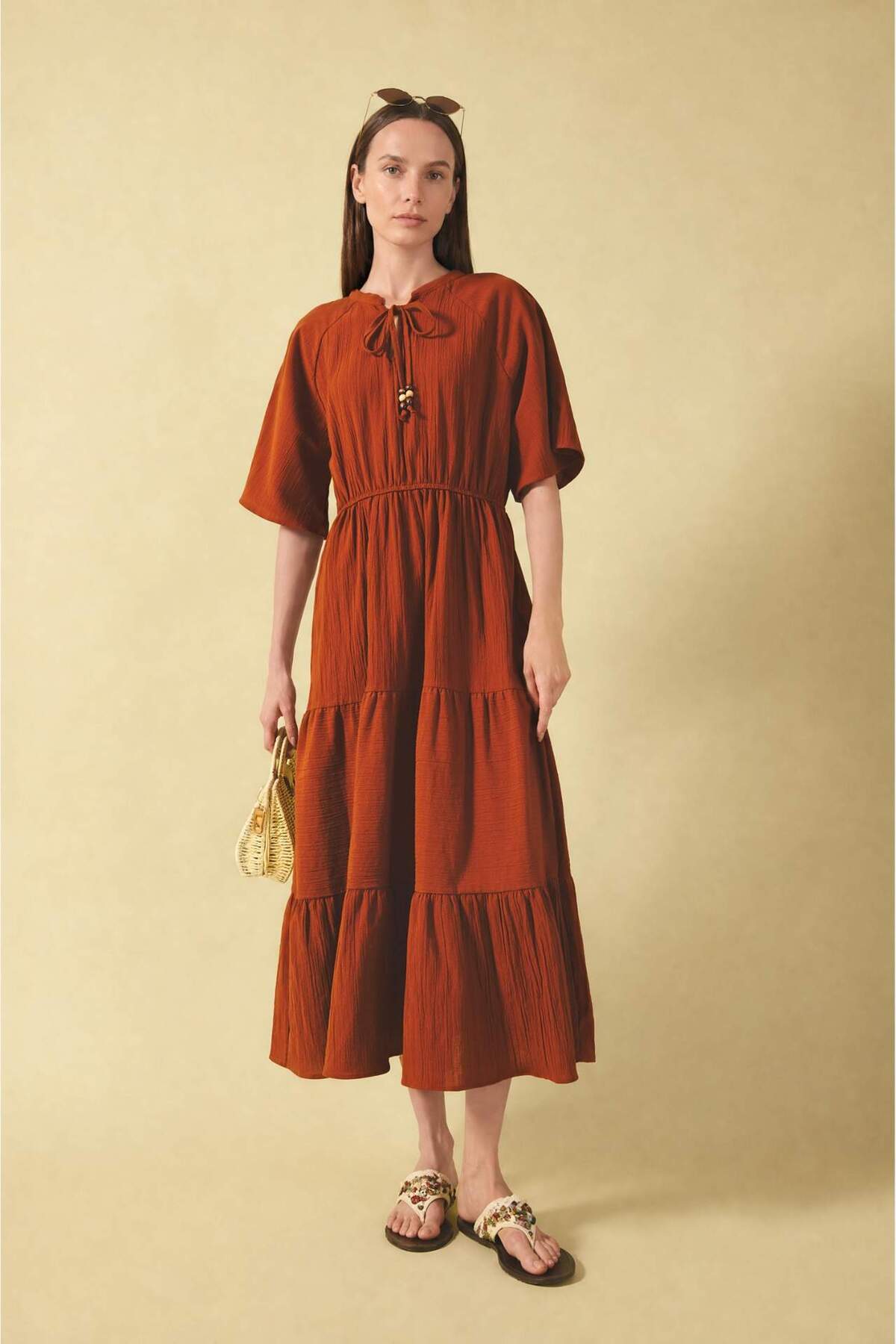 Defacto 100% Cotton A-Line Crew Neck Short Sleeve Dress H3360Ax26Sm
