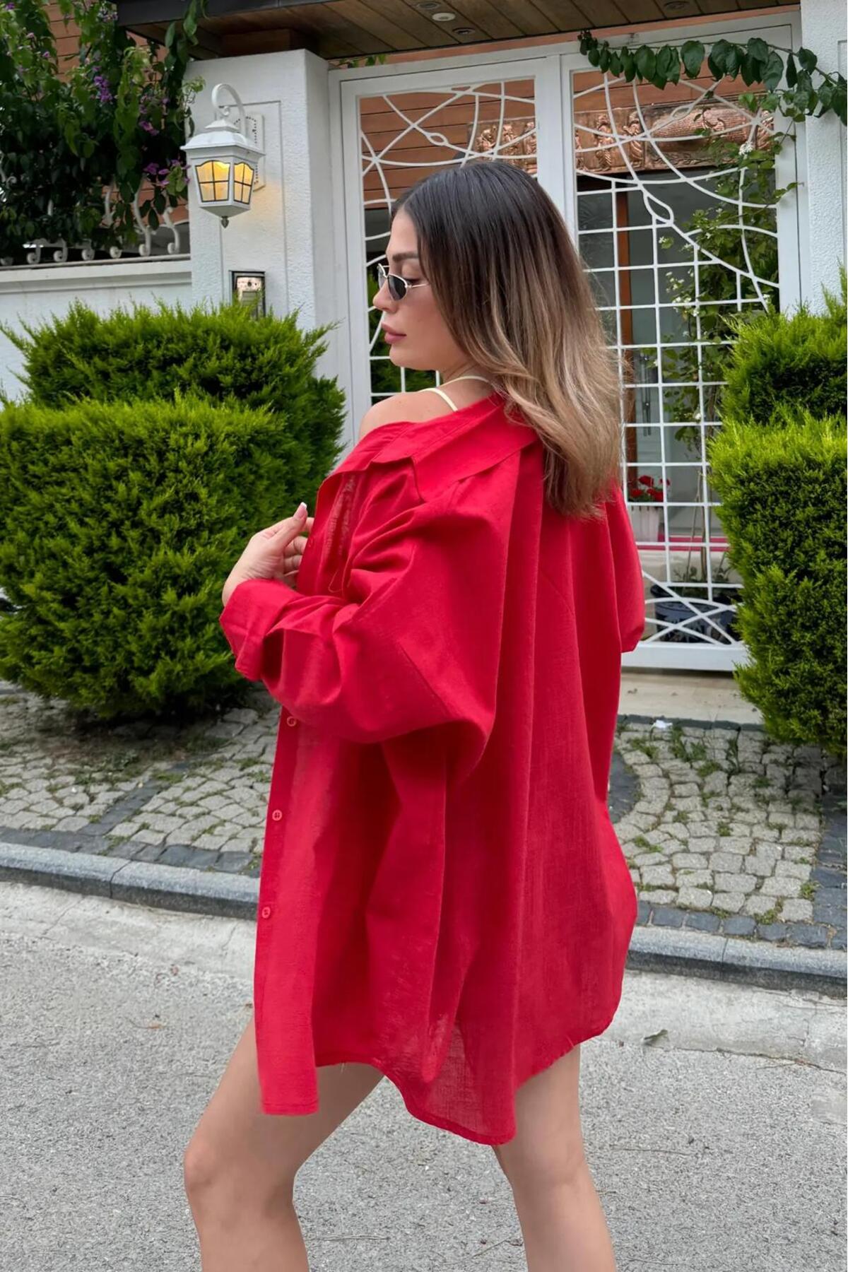 Rouge basıc  Oversize Keten Dokulu %100 Pamuk Salaş Gömlek - Görsel 3