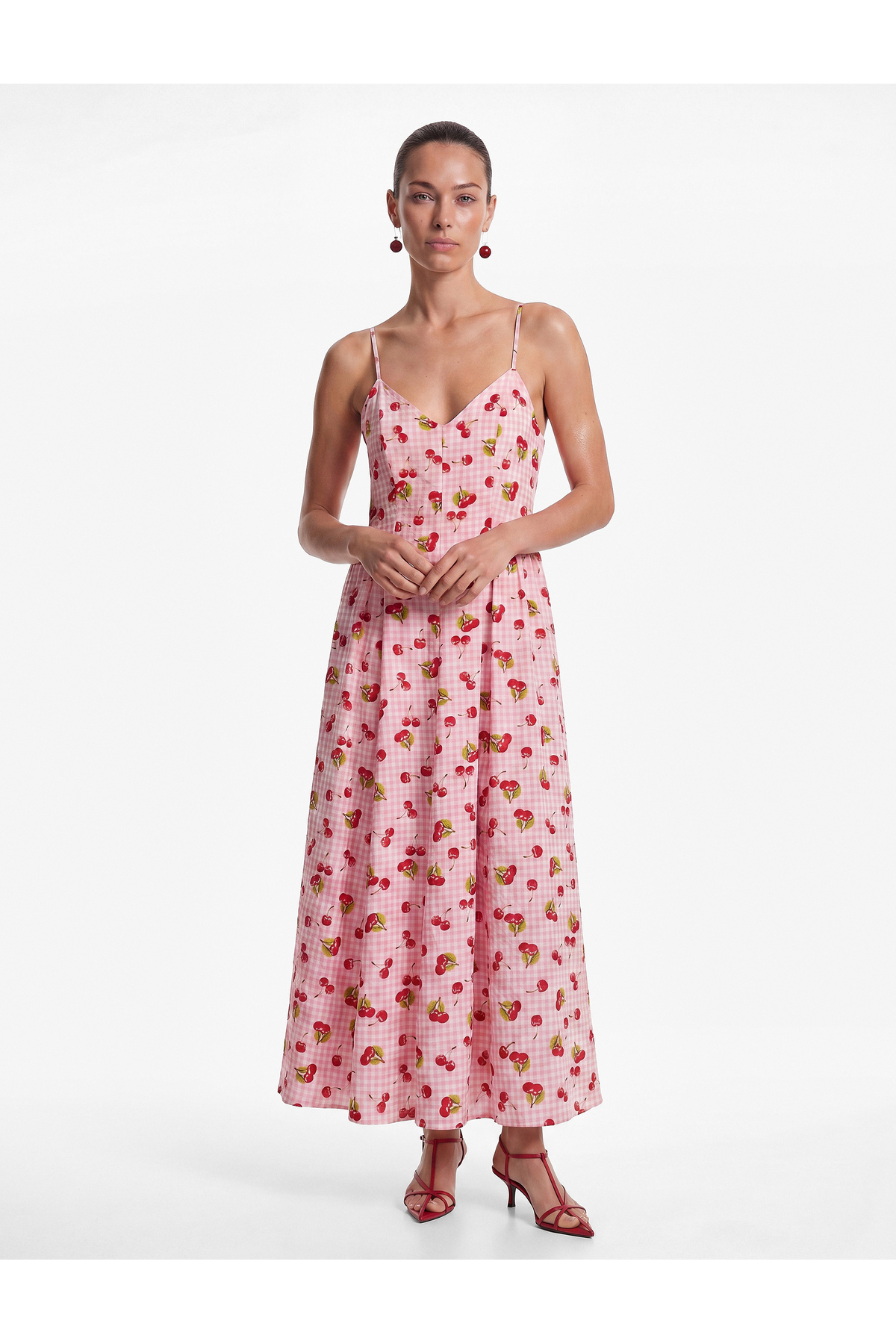 Koton Midi Length Cherry Printed Gingham Dress with Rope Straps